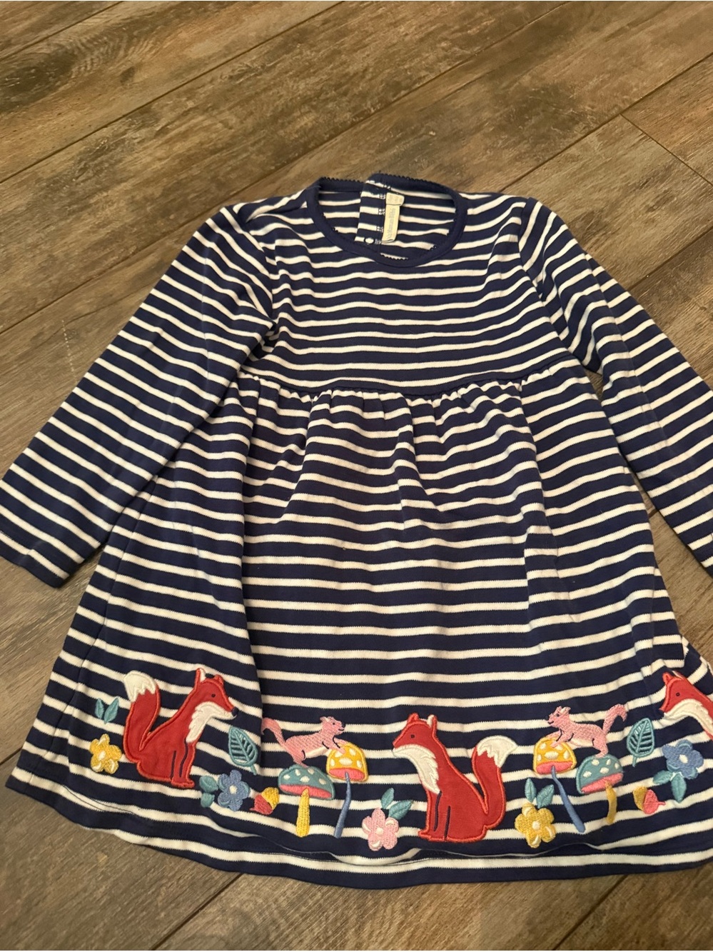 JoJo Maman Bebe Navy and White Striped Dress with Fox Embroidery